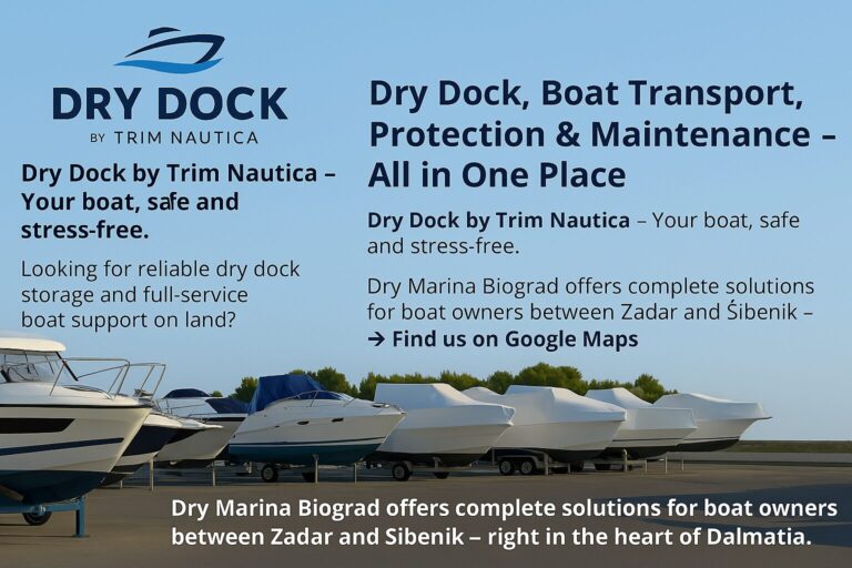 Boats stored on dry dock with shrink wrap and trailer in Biograd – Dry Dock by Trim Nautica