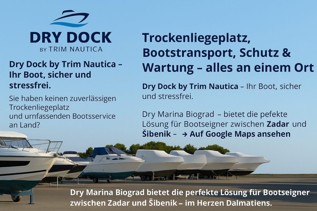 Boote im Trockenliegeplatz mit Schrumpffolie und Trailer – Dry Dock by Trim Nautica in Biograd