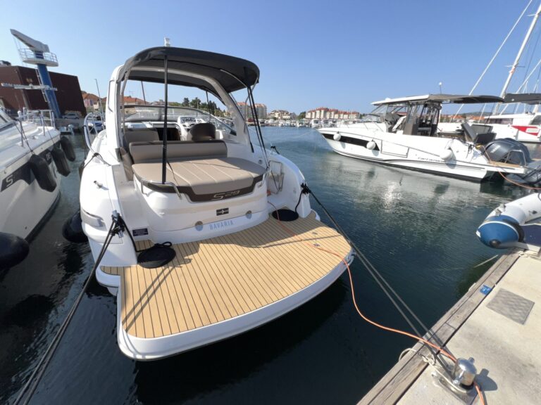 Custom swim platform with PlasDECK synthetic teak installed on Bavaria S29 yacht