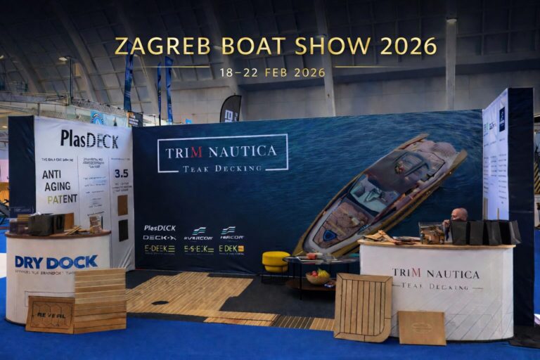 TriM Nautica Dry Dock exhibiting synthetic teak decking at Zagreb Boat Show 2026